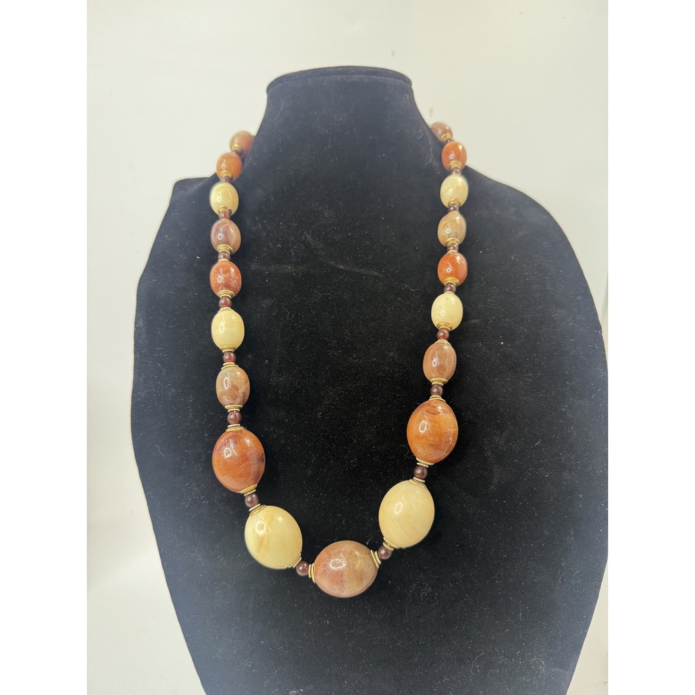 Vintage Earth Tone Large Oval Stone Bead Necklace Terracotta Cream 22 Inch